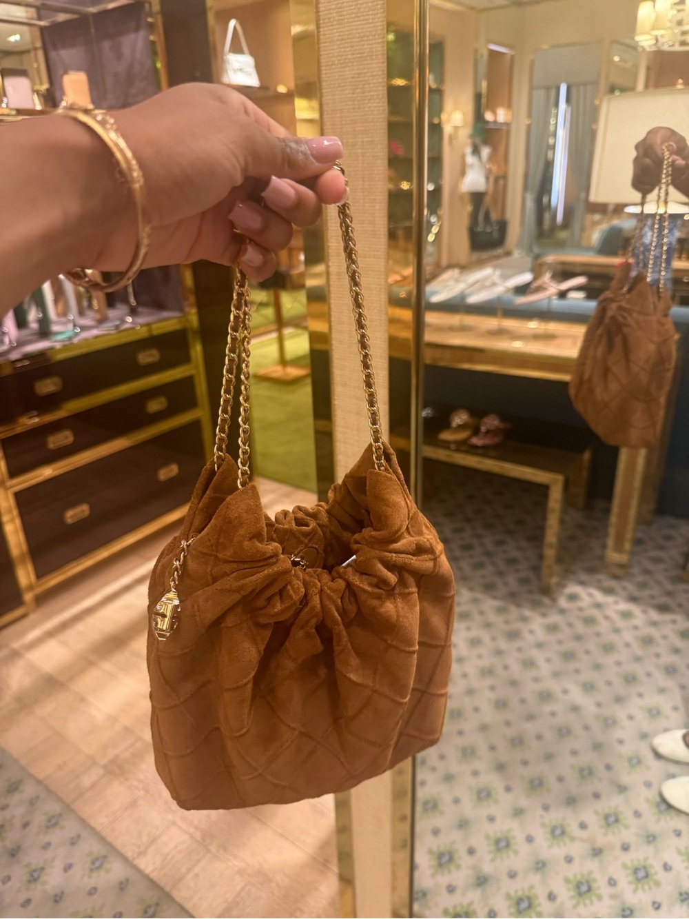 Tory Burch Quilted Suede Drawstring Bucket Bag in Chestnut Brown with Gold Chain